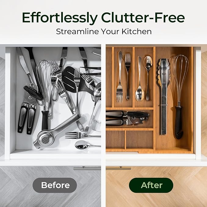 Carbonized Large Bamboo Kitchen Drawer Organizer, 12 Slots Expandable Silverware Organizer, Utensil Holder & Cutlery Tray, 2.5" Deep for Extra Capacity, Non-Slip Feet Included