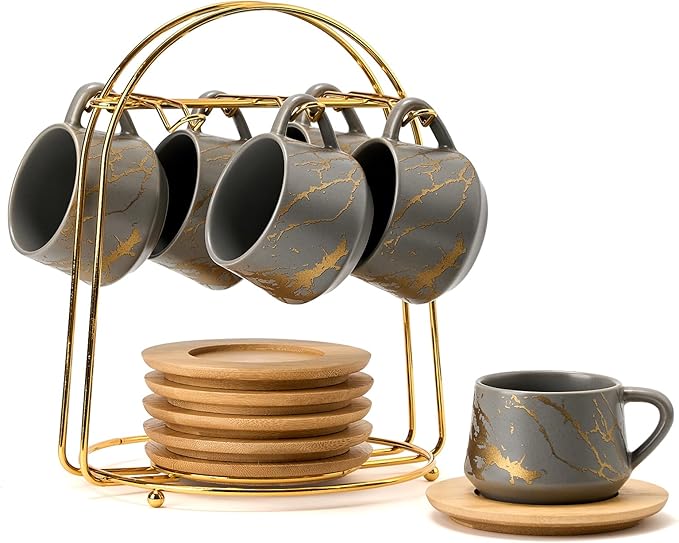 LUKA Ceramic Espresso Cups with Saucers and Metal Stand, Small 4 oz Porcelain Demitasse Cups Set of 6, Cute Cappuccino Coffee Cups for Double Espresso, Tea, Marbling Gray