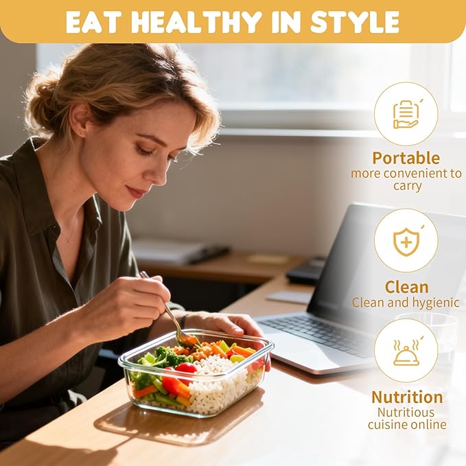 6 Pack 36 OZ Glass Food Storage Containers with Lids, Glass Meal Prep Containers set, Airtight Lunch Containers with Lids, Microwave, Oven, Freezer and Dishwasher Safe