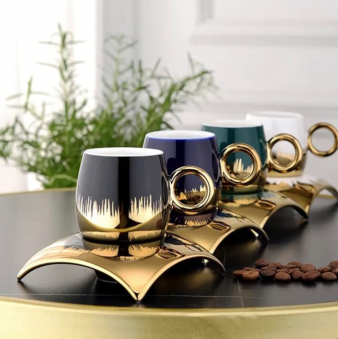 Turkish Coffee Cup Set of 6 with Saucers - Luxury Arabic Greek Japanese Marble Ceramic Tea Cups for Espresso Cappuccino Latte Mocha, Ideal Gift - 3.5oz,- Assorted Colors