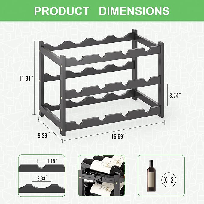 Wine Rack Countertop for 12 Wine Bottles and 4 Glass Holder, Small Bamboo Free Standing Racks Tabletop Display, Wooden Wine Storage Organizer for Cabinet Pantry Kitchen Bar Home Dining Room (Black)