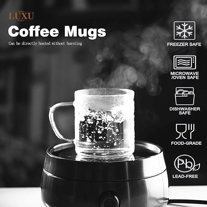 LUXU Glass Coffee Mugs Set of 4,14 oz Clear Coffee Cups,Hand Blown&Seamless Design,Heat Resistant and Explosion-Proof,Lightweight Tea Mugs with Anti Scald Handle Ideal for Home,Cafe
