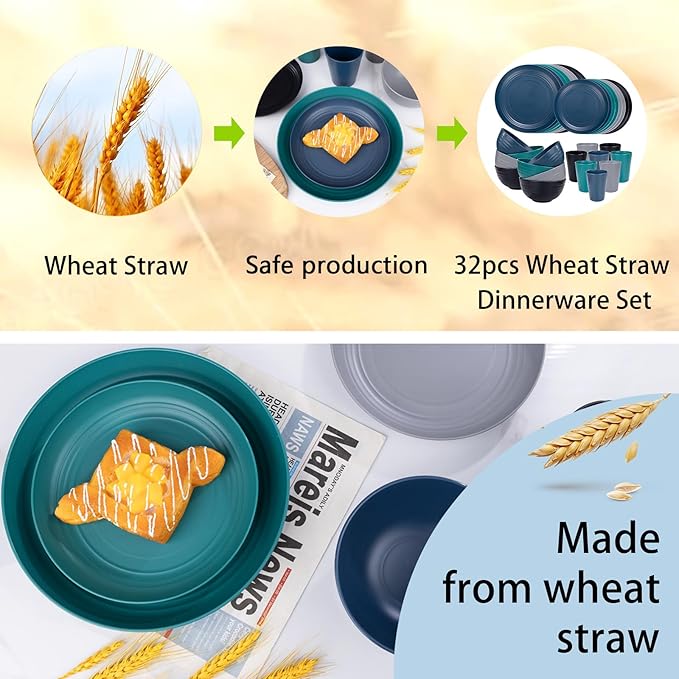 Supernal 32pcs Wheat Straw Dinnerware Sets,Plastic Plates and Bowls Sets for 8,Unbreakable Plates and Bowls Sets Dishwasher Safe Microwave Safe Fun Colors Perfect for Cooking Family Camping Picnics