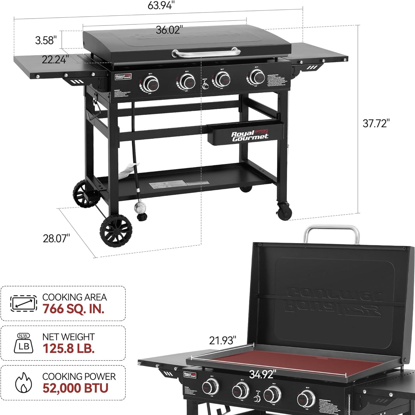 Royal Gourmet GB4000P 4 Burner Propane Gas Griddle with Hard Cover and Foldable Side Tables, 35-Inch Flat Top Grill with 766 Sq. In. Cooking Area for Backyard and Tailgating, Black