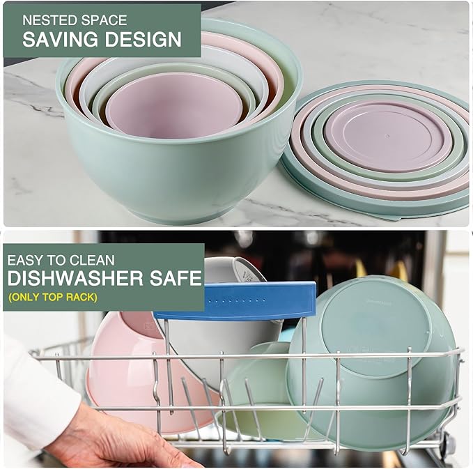 5-Piece Plastic Mixing Bowls with Lids Set for Kitchen, Nesting Bowls for Mixing, Baking, Prepping, Cooking and Serving Food, Mixing Bowls Dishwasher, Microwave Safe(5 Set-Pink)