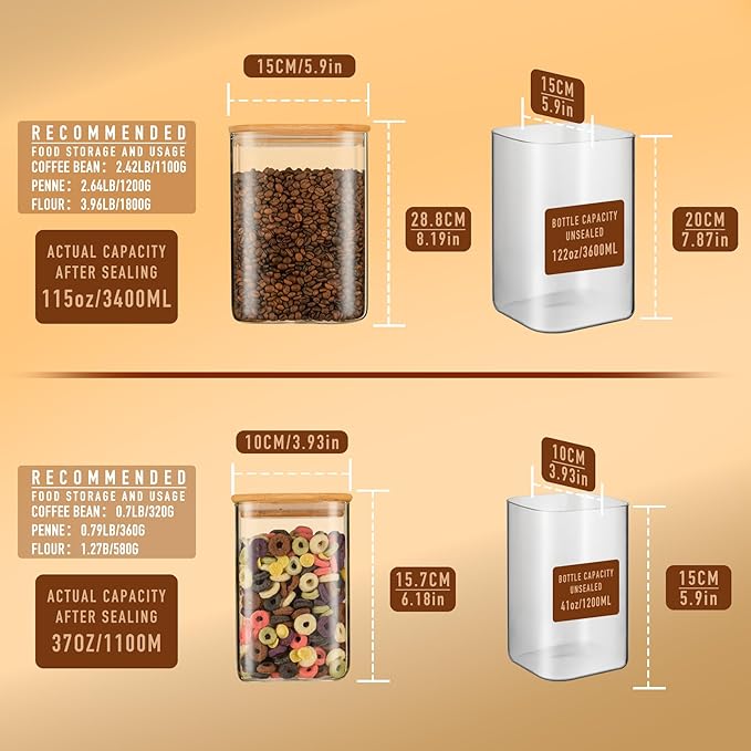 122oz 41oz Airtight Glass Square Storage Canister with Bamboo Lid Set of 2(3600ml*1 1200ml*1) Large Storage Container Gallon Glass Jars, for Sugar, Flour, and Coffee bean (with Black Lable)