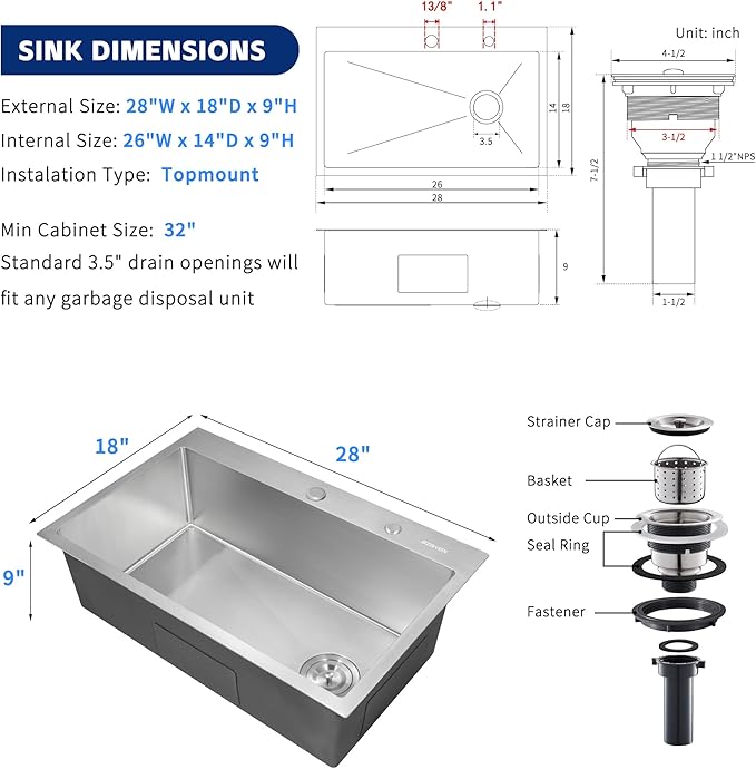 Kitchen Sink 28x18 Topmount Single Bowl Drop-in Sinks 304 Stainless Steel Handmade Home Bar Outdoor RV Sinks Brushed