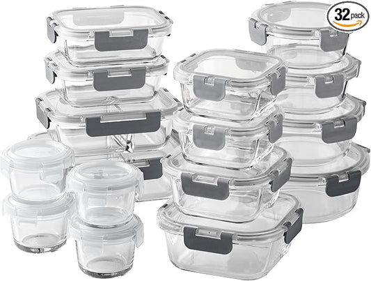 COOK WITH COLOR Premium 32-Pc. Borosilicate Glass Food Container Set with Dividers - 4 Rectangles, 8 Rounds, 4 Squares - Leakproof Lids - Meal Prep, Storage, Ombre Grey