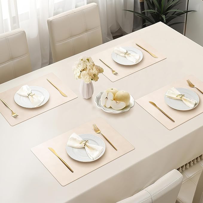 Roxifina Faux Leather Placemats Set of 6 - Vinyl Placemats Wipeable Waterproof Oil-Proof PU Place Mats Heat Resistant Reversible Table Mats for Dining, Kitchen, Outdoor, 12 x 17 Inch (Beige)