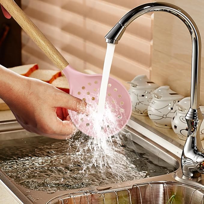 Silicone Cooking Utensils Set - 446°F Heat Resistant Silicone Kitchen Utensils for Cooking,Kitchen Utensil Spatula Set w Wooden Handles and Holder, BPA FREE Gadgets for Non-Stick Cookware (Colorful)