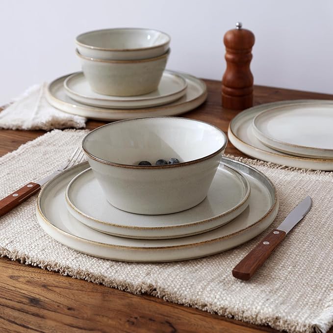 Famiware Annecy Plates and Bowls Sets, Stoneware Dinnerware Sets for 4, 12 Pieces Dish Set with Lipped Edges, Chip and Scratch Resistant, Microwave and Dishwasher Safe, Grey-White