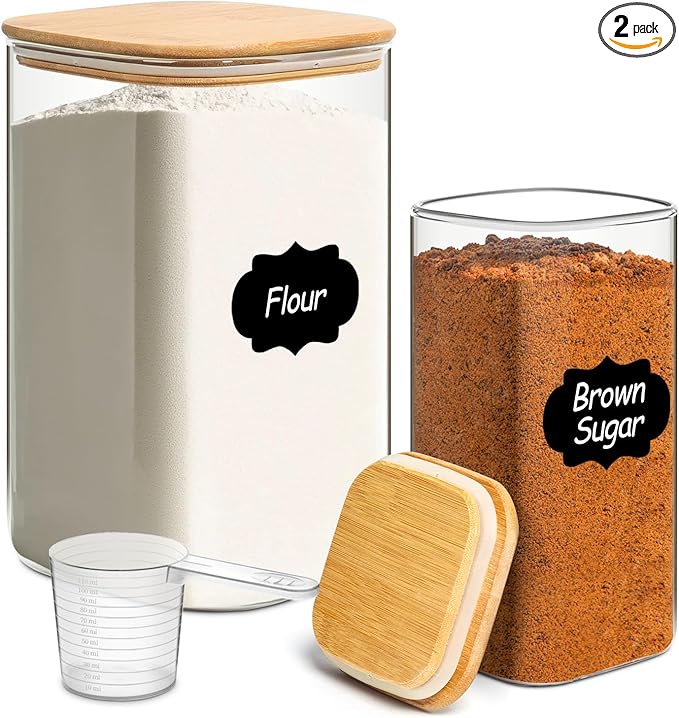 Glass Flour and Sugar Containers, Square Glass Containers with Bamboo Lids, Gallon Jars with Bamboo Lids for Cookies, Coffee Beans （2 pack 1.6/4.6 qt）