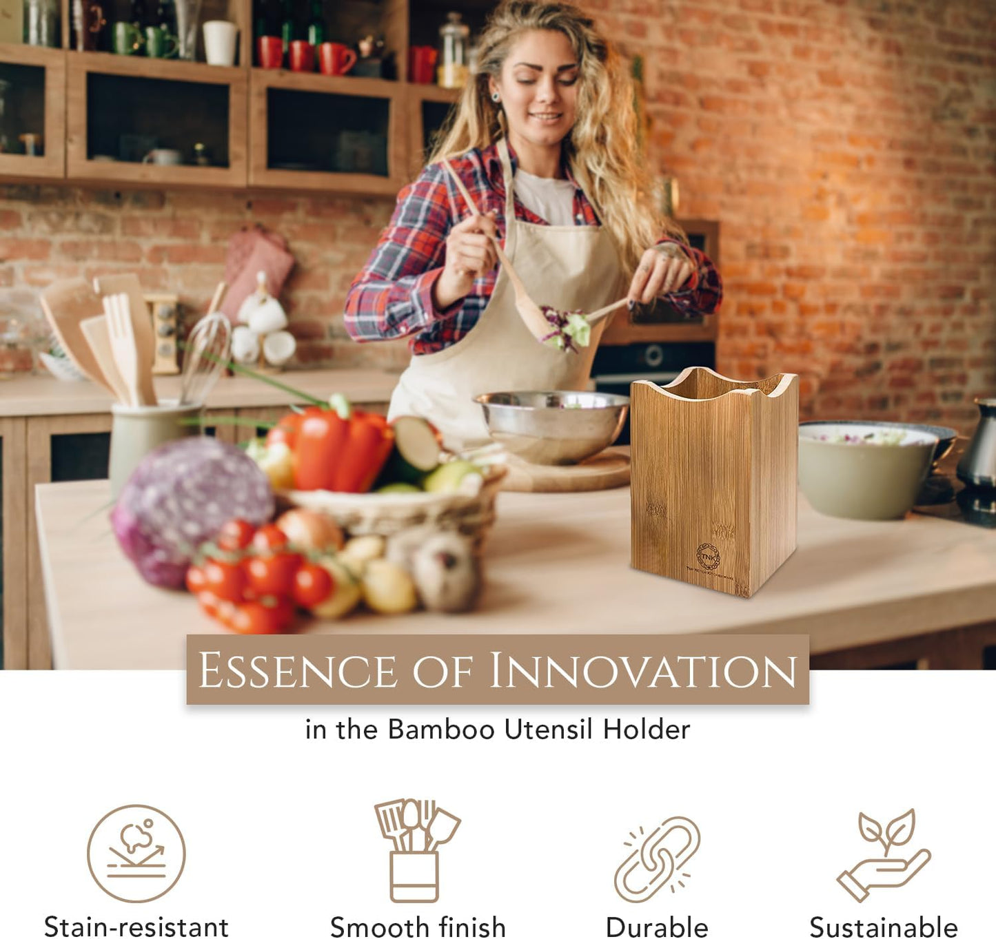 Top Notch Kitchenware Premium Bamboo Kitchen Utensil Holder and Organizer | Stylish Spoon Holder | Ideal Kitchen Utensil Organizer for Cooking | Natural Wood Flatware Organizer