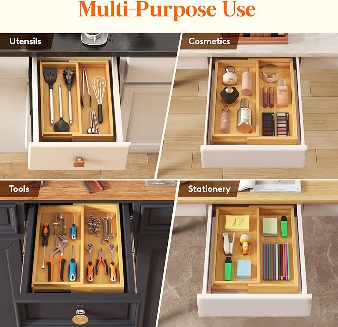 Lifewit Utensil Drawer Organizer, Expendable Cooking Silverware Tray for Kitchen Drawer, Bamboo Adjustable Cutlery Flatware Holder, Spatula Tools and Gadgets Storage Divider, 3 Compartments, Natural