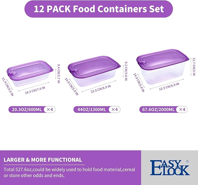 KIGI 【12 PACK】 Mixed Sizes Plastic Food Storage Containers Set with Lids Airtight Square Meal Prep Containers,Home Kitchen Pantry Containers (Transparent Purple, 20.3oz*4+44oz*4+67.6oz*4-12 Pack)