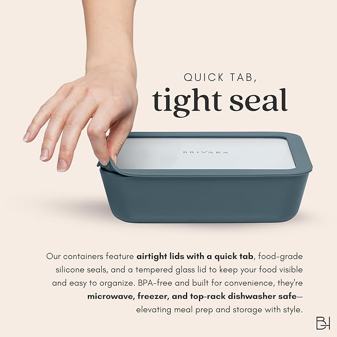 Ceramic Coated Glass Food Storage Container | No PTFE, PFOA, PFAS, and BPA | Reusable Non Toxic Meal Prep Container with Glass Lid | Easy To Store | 8 Cup Square [Dusk]