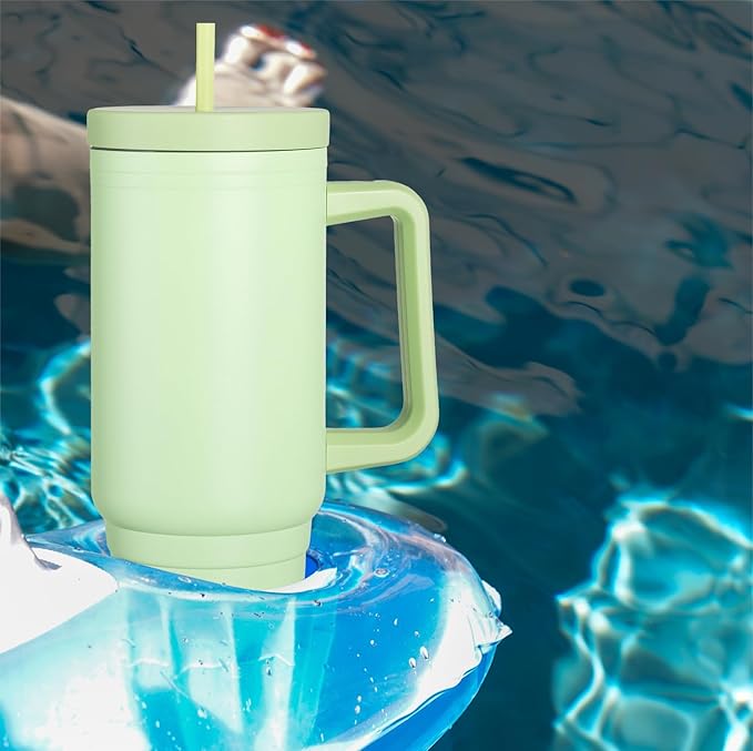 Lemon Green 40oz Insulated Tumbler with Handle, Lid & Straw - Use for Water, Tea, Coffee & More-Disabled USMC Vet Owned Small Business