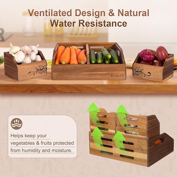 Acacia Wood Pantry Storage Bins for Kitchen, Onion & Potato Pantry Storage Organization, No installation Required, 2-tier Fruit and Vegetable Storage Containers, Snack Bins for Kitchen & Pantry