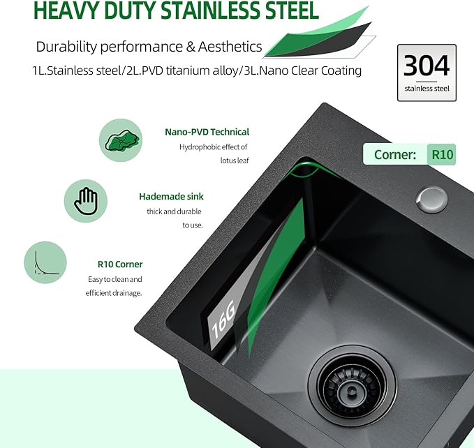 Drop In Kitchen Sink, 15 x 15 Inch Single Bowl Topmount Bar Prep Sink 16 Gauge T-304 Stainless Steel Gunmetal Black Kitchen Sinks