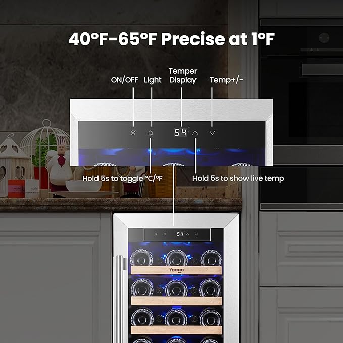 Yeego Wine Fridge - 15 inch 33 Bottles 40-65℉ Temperature Touch Control, Built-In/Under Counter/Freestanding Wine Cooler Refrigerator with Glass Door, Perfect for Bar, Home, Kitchen Cabinet, Office