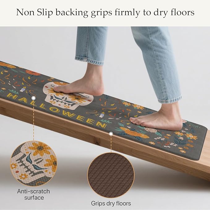 GENIMO Halloween Decorations - Kitchen Mats for Floor, 2PCS Kitchen Rugs, Cushioned Anti Fatigue Mat for Home Decor, Waterproof Non-Slip Comfort Standing Mat for Laundry, 17.3"x47"+17.3"x30", Grey