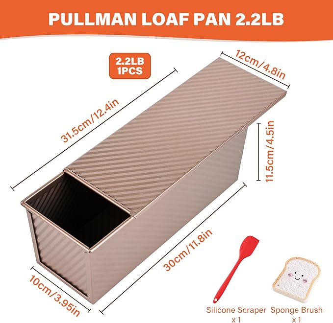 Pullman Loaf Pan with Lid 13x4 Inch, 2.2lb Dough Capacity for Homemade Bread, Non-stick Corrugated Carbon Steel Bread Toast Box with Cover for Bakeware, Sandwich & Toast Oven Baking, Gold