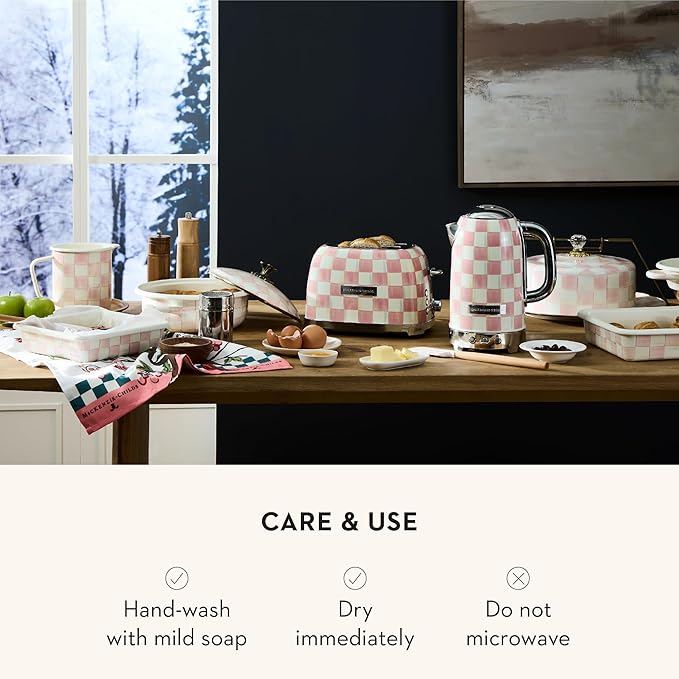 MACKENZIE-CHILDS Enamel Measuring Cup, Cute Measuring Cup with Pour Spout, 7-Cup Capacity, Pink-and-White Rosy Check