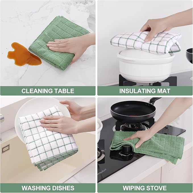 Homaxy Premium Cotton Kitchen Towels 16"x 28", Large Natural Ring Spun 390 GSM Dish Towels, Super Absorbent Terry Kitchen Hand Towels, Soft Tea Towel with Hanging Loop, Grass Green Check, 6 Pack