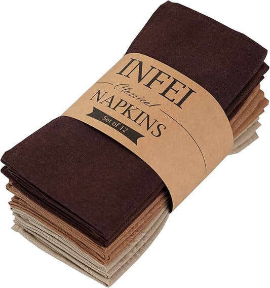 Solid Color Linen Blended Thin Dinner Cloth Napkins - Set of 12 (40 x 40 cm) - for Events & Home Use (Multi Brown)