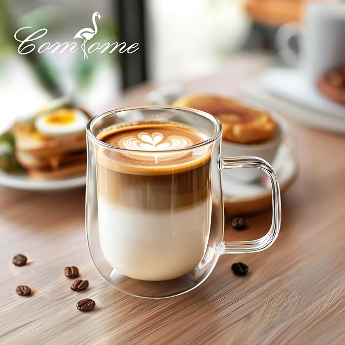 Double Walled Glass Coffee Mugs 12 oz, Glass Coffee Cups Set of 4 with Spoons, Clear Coffee Mug with Handles for Hot Beverages, Cappuccino, Latte, and Tea Bags.