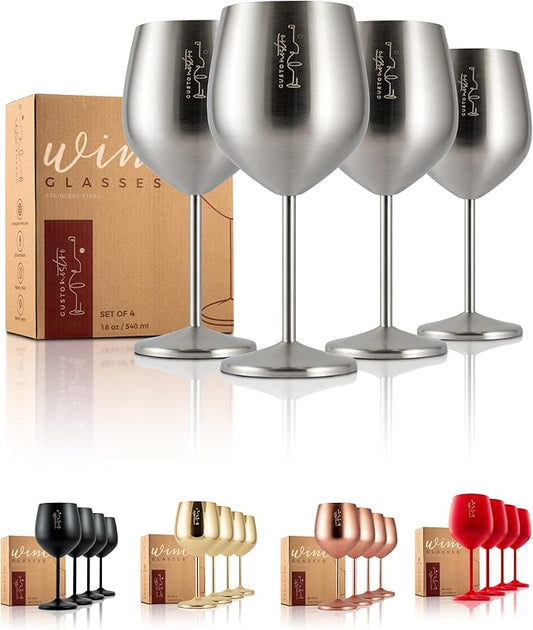 Gusto Nostro Stainless Steel Wine Glass - 18 oz - Cute, Unbreakable Wine Glasses for Travel, Camping and Pool - Fancy, Unique and Cool Portable Metal Wine Glass for Outdoor Events, Picnics (Set of 4)