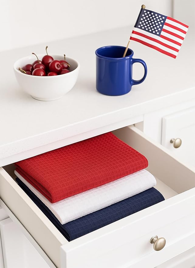 PurpleEssences 4th of July Waffle Weave Kitchen Towel, 100% Cotton 15x25 Inch, with Hanging Loop Ultra Soft Absorbent Quick Drying Dish Cloth, Tea & Hand Towels, 6 Pack Veterans Day Red Blue White