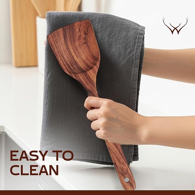 9 Pcs Teak Wooden Spoons for Cooking with Rest - Premium Utensils Set with Long Handles – Heat-Resistant Kitchen Tools for Stirring, Mixing, Serving – Durable Cooking Utensils Set with Spatula