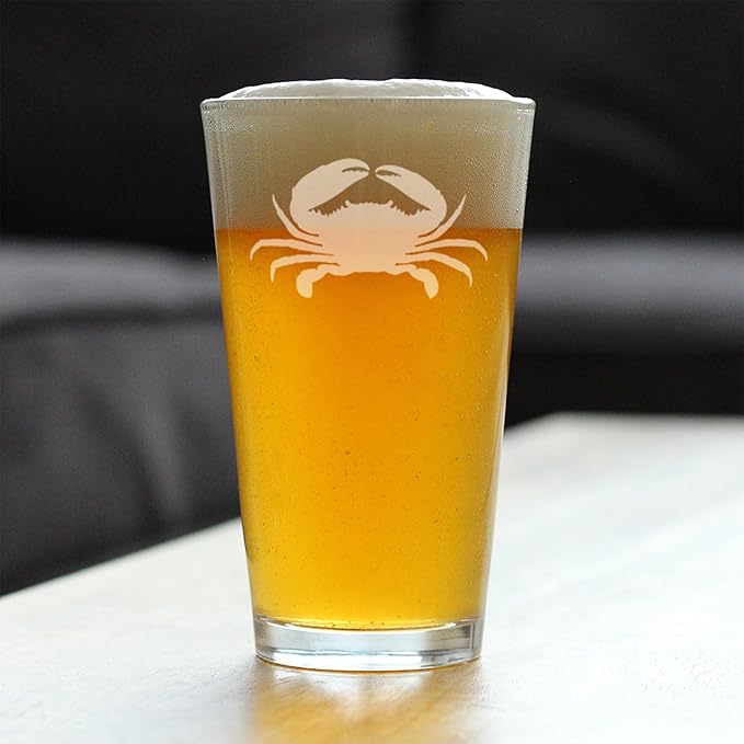 Custom Crab Pint Glass for Beer - Beach Themed Decor and Gifts for Ocean Lovers - Engraved Silhouette - 16 Oz Glasses