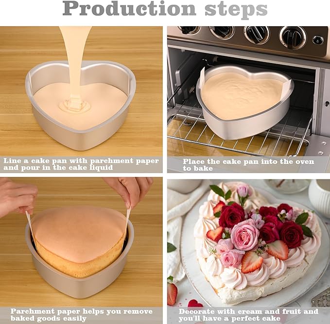 HUAKENER 8 Inch Heart Cake Pan, Set of 2 Heart Shaped Cake Pans with 60 Pieces Parchment Paper, Non-stick Cake Baking Pans for Kitchen Birthday Wedding
