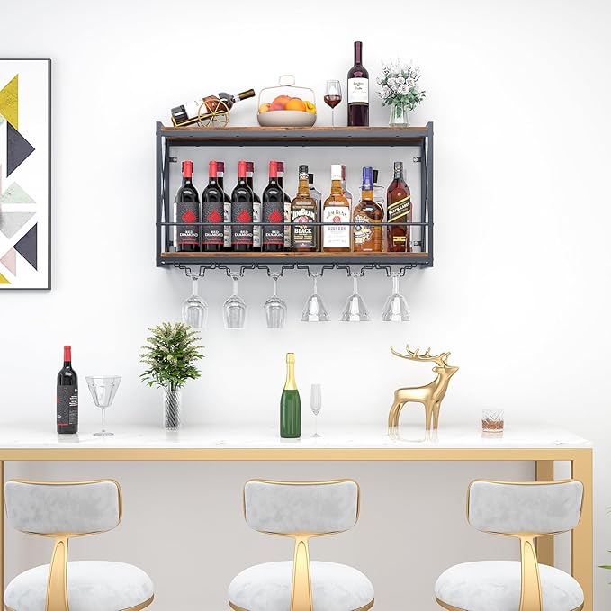 Dokser Wine Rack Wall Mounted Shelf - 2 Tier, Rustic Wood & Industrial Iron Frame Wine Bottle Holder for Kitchen, Dining Room, Home Bar Decor (Brown)