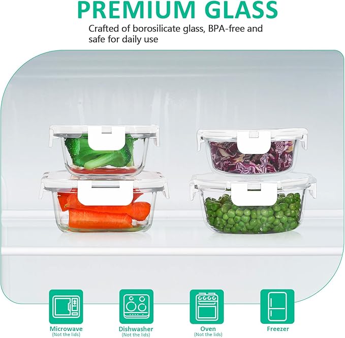 24 Pieces Glass Food Storage Containers Set,Glass Meal Prep Containers-Stackable Airtight Glass Storage Containers with lids,Freezer, Microwave, Oven Safe,White
