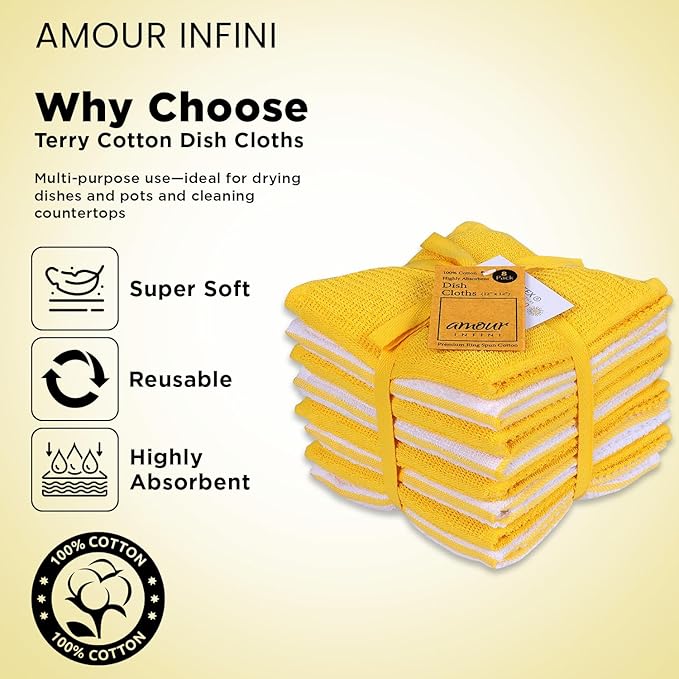 AMOUR INFINI Dish Cloths for Washing Dishes Set of 8 - Highly Absorbent, Super Soft Kitchen Dishcloths - Reusable Quick Dry Dish Rags for Cleaning & Drying Kitchen Linens (12x12 Inch - Yellow)