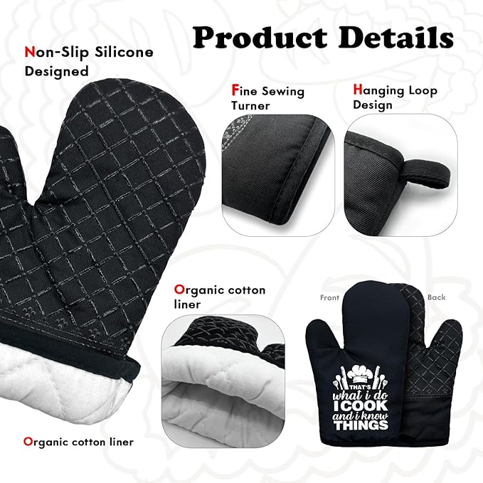 Funny Black Women Men Cooking and Baking BBQ Kitchen Gadgets with Heat Resistant Silicone Non-Slip, That's What I Do I Bake and I Know Things Oven Mitts Set of 2, Gifts for Bake Lover Mom Dad BBF