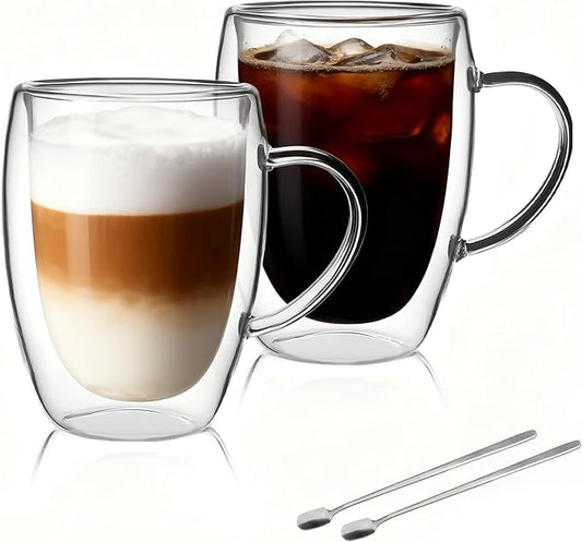 LIBWYS 2 Pack Double Walled Coffee Cups Glasses Mugs, 12oz Espresso Cappuccino Latte Tea Cups with Handle, Heat Resistant Borosilicate Clear Glasses 350ml