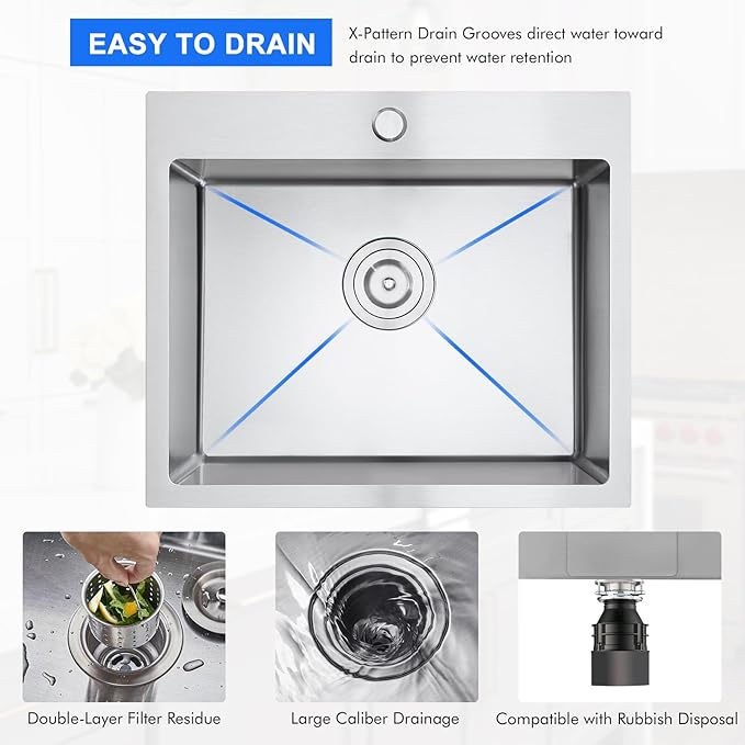 MENATT Brushed 20 Inch Kitchen Sink Drop in, 18 Gauge Stainless Steel 1 Faucet Hole Single Bowl Topmount Kitchen Sinks with Drain Assembly & Grid, D20"xW16"xH9"