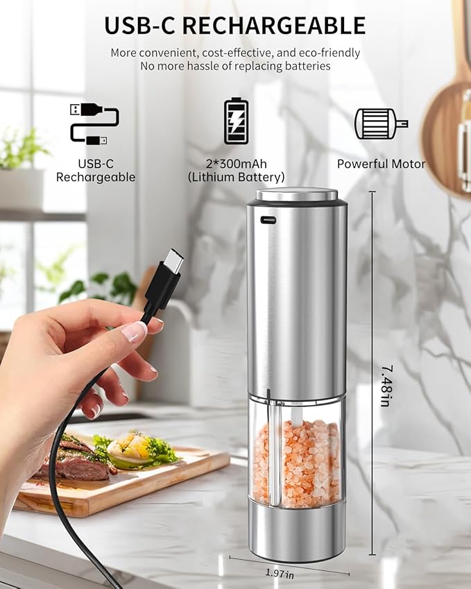 CIRCLE JOY Electric Pepper Grinder Stainless Steel Rechargeable Pepper Mill with External Adjustable Coarseness, 95ml Container and White LED Light, Silver