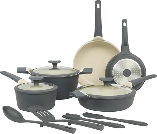 Oster Platinum Rooney 12 Piece Cast Aluminum Pots and Pans PFA Free Ceramic Non stick Induction Kitchen Cookware Set - Grey