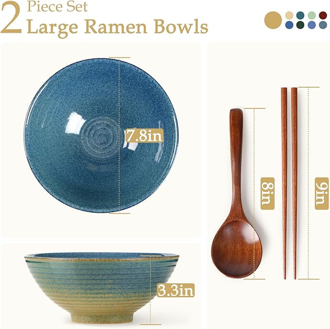 NUTRIUPS 8 Inch Ceramic Ramen Bowl Set of 2 Pho Bowls 40oz Japanese Noodle Udon Soup Bowls with Spoons and Chopsticks (Ice Crack Blue)