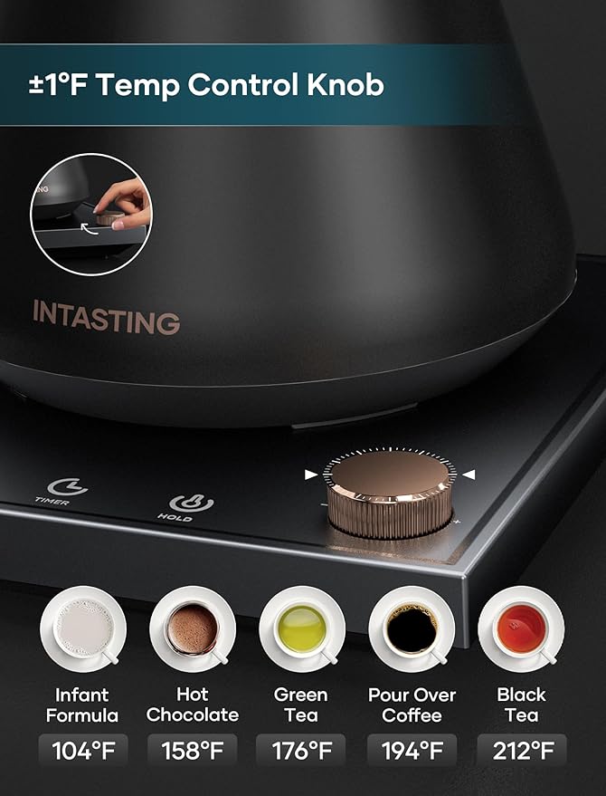 Electric Kettles, Gooseneck Electric Kettle, ±1℉ Temperature Control, Stainless Steel Inner, Quick Heating, for Pour Over Coffee, Brew Tea, Boil Hot Water, 0.9L Black