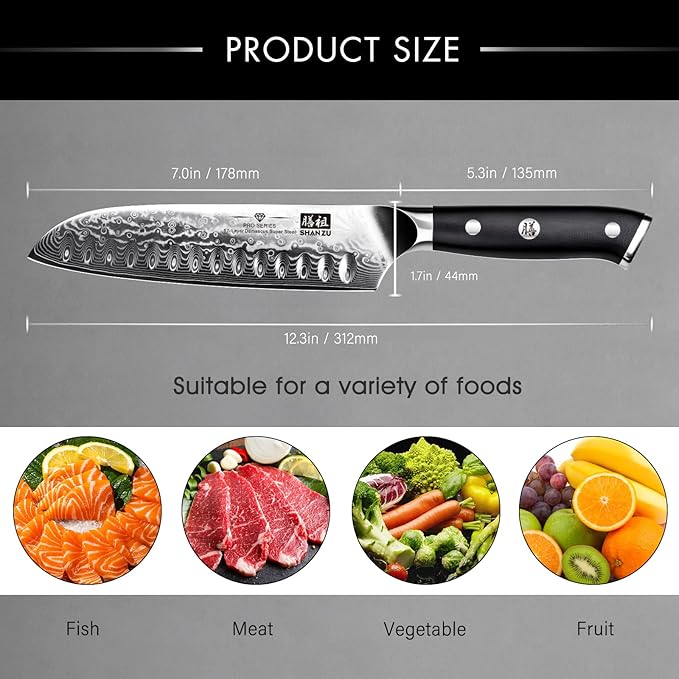 SHAN ZU Chef Knife, Kitchen Knife Santoku Chef's Knife 7 Inch Multifunction Kitchen Knives Damascus Stainless Steel & Ergonomic Fiberglass G10 Handle Best Sharp High-Carbon Knives