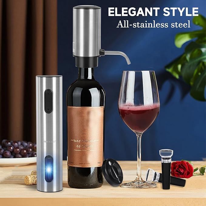 Electric Wine Opener Gift Set, Automatic Electric Wine Bottle Corkscrew Opener Rechargeable with Foil Cutter, Automatic Aerator, 2 Vacuum Stoppers for Home Bar Outdoor Parties, Stainless Steel
