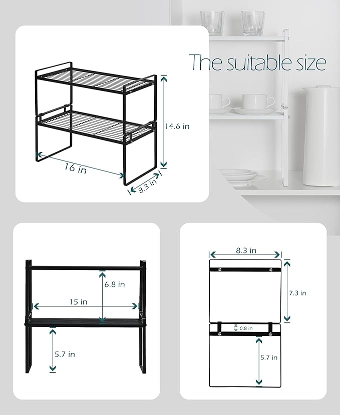 2Pack Cabinet Shelf Organizer Storage Rack Space Saving for Kitchen Counter Pantry Bathroom Cupboard Under Sink Office Table Desk Steel Stackable Rust Resistant Heavy Duty Nonslip 16” Black