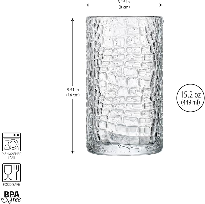 Glaver's Highball Drinking Glasses, Set of 4 Clear 15 Ounce Crackle Design Textured Drinking Glasses Heavy Duty Basic Set for Everyday Home, Bar use for Water Juice Cocktails Smoothies.