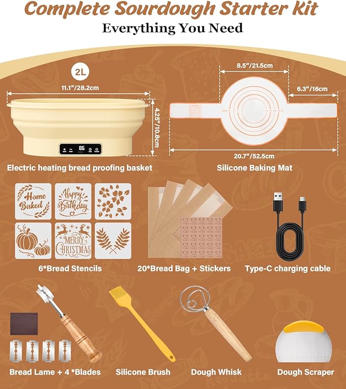 HK Heating Sourdough Banneton Bread Proofing Basket Kit with Timer & 6 Temp Settings, 2L Foldable Silicone Dough Proofing Box Electric Sourdough Starter Warmer Set for Dough Rising, Starter Baking Kit